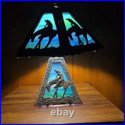 Antique End of Trail Native American Indian Slag Glass Lamp Dual Light