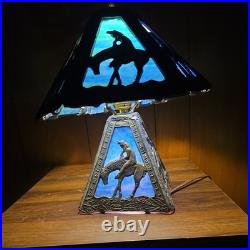 Antique End of Trail Native American Indian Slag Glass Lamp Dual Light