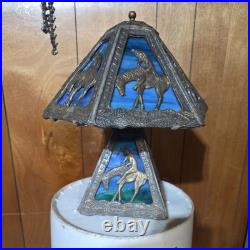 Antique End of Trail Native American Indian Slag Glass Lamp Dual Light