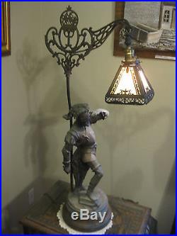 Antique Figural Hernando Desoto Bridge Arm Square Slag Glass Lamp Table Lamp