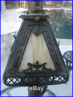 Antique Figural Hernando Desoto Bridge Arm Square Slag Glass Lamp Table Lamp