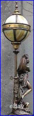 Antique Figural Newel Post Gas Lamp Maiden & Cupid Slag Glass 8 Globe Shade 36