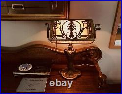 Antique Filigree Bankers Slag Glass Table Lamp, Bronze Finish, free shipping