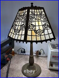 Antique Flat Panel Slag Glass Table Lamp Filigree Decor Antique Flat Panel Slag Glass Table Lamp Filigree Decor