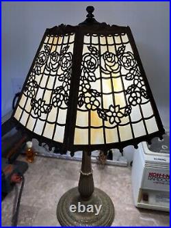 Antique Flat Panel Slag Glass Table Lamp Filigree Decor Antique Flat Panel Slag Glass Table Lamp Filigree Decor