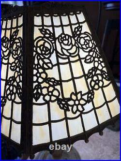 Antique Flat Panel Slag Glass Table Lamp Filigree Decor Antique Flat Panel Slag Glass Table Lamp Filigree Decor