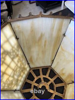 Antique Flat Panel Slag Glass Table Lamp Filigree Decor Antique Flat Panel Slag Glass Table Lamp Filigree Decor