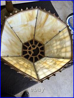 Antique Flat Panel Slag Glass Table Lamp Filigree Decor Antique Flat Panel Slag Glass Table Lamp Filigree Decor