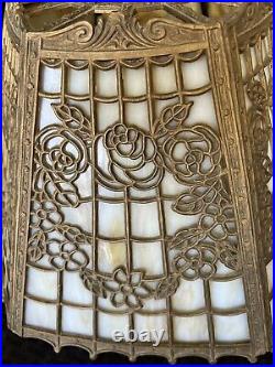 Antique Flat Panel Slag Glass Table Lamp Filigree Decor Antique Flat Panel Slag Glass Table Lamp Filigree Decor