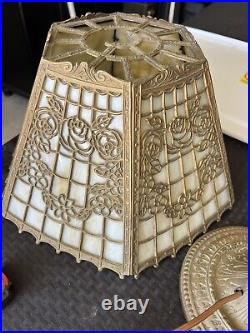 Antique Flat Panel Slag Glass Table Lamp Filigree Decor Antique Flat Panel Slag Glass Table Lamp Filigree Decor