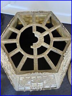 Antique Flat Panel Slag Glass Table Lamp Filigree Decor Antique Flat Panel Slag Glass Table Lamp Filigree Decor