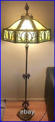 Antique Floor Lamp with Dolphins &Huge Octagon Bent Curved Slag Glass Shade Lamp