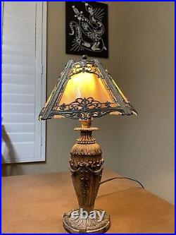 Antique Four Panel Slag Glass Table Lamp