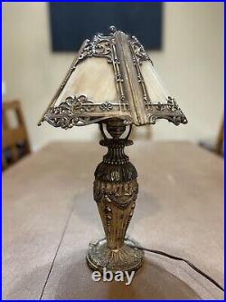 Antique Four Panel Slag Glass Table Lamp