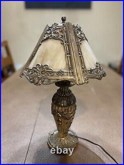 Antique Four Panel Slag Glass Table Lamp