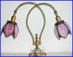 Antique French Brass Ormolu Double Harp Lamp Rasberry Slag Glass Petal Shade