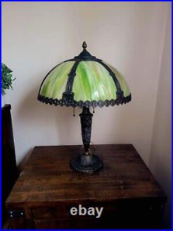 Antique Gorgeous Art Nouveau c. 1915 Signed Salem Bros, NY Green Slag Glass Lamp