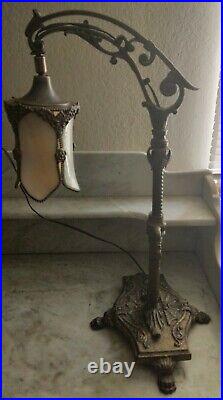 Antique Gothic Art Deco Ball Adjust Bridge Arm Lamp Beige Bent Slag Glass Shade