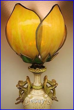 Antique Gothic Austrian Amphora Art Nouveau Griffons Porcelain Slag Glass Lamp
