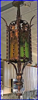 Antique Gothic Lantern Fixture 6 Slag Glass Panel Addison Mizner Hall Lamp 36
