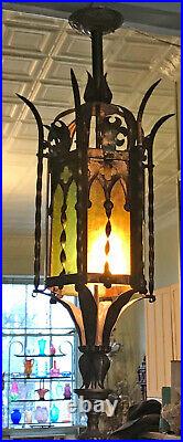 Antique Gothic Lantern Fixture 6 Slag Glass Panel Addison Mizner Hall Lamp 36