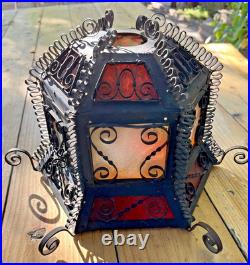 Antique Gothic Spanish Revival Curly Wrought Iron Slag Glass Light Lamp Shade