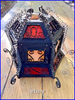Antique Gothic Spanish Revival Curly Wrought Iron Slag Glass Light Lamp Shade