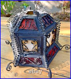 Antique Gothic Spanish Revival Curly Wrought Iron Slag Glass Light Lamp Shade