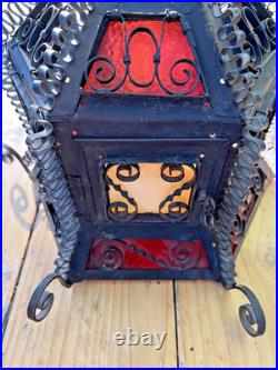 Antique Gothic Spanish Revival Curly Wrought Iron Slag Glass Light Lamp Shade