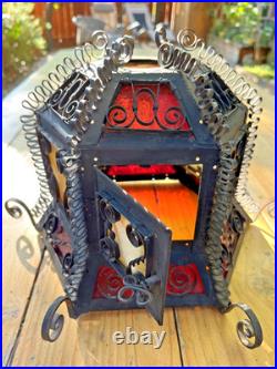 Antique Gothic Spanish Revival Curly Wrought Iron Slag Glass Light Lamp Shade