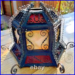 Antique Gothic Spanish Revival Curly Wrought Iron Slag Glass Light Lamp Shade