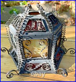 Antique Gothic Spanish Revival Curly Wrought Iron Slag Glass Light Lamp Shade