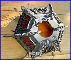 Antique Gothic Spanish Revival Curly Wrought Iron Slag Glass Light Lamp Shade