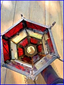 Antique Gothic Spanish Revival Curly Wrought Iron Slag Glass Light Lamp Shade