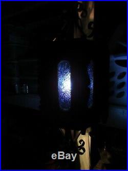 Antique Gothic Wood Cobalt Blue Slag Glass Light Fixture Vintage Hanging Lamp