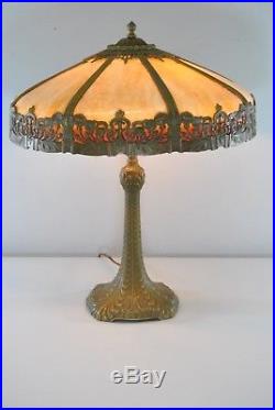 Antique Granite Bent Slag Glass Panel Table Lamp Floral Details