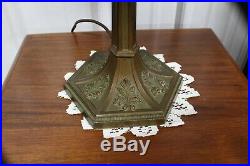 Antique Great Bent Slag Glass Table Lamp With Cottage Tree Scene 2 Glass Colors