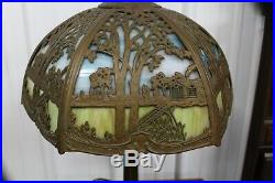 Antique Great Bent Slag Glass Table Lamp With Cottage Tree Scene 2 Glass Colors