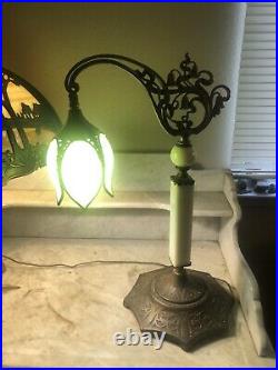 Antique Green Accent Bridge Arm Lamp Adjustable Green Tulip Slag Glass Shade