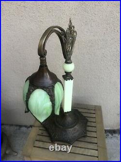 Antique Green Accent Bridge Arm Lamp Adjustable Green Tulip Slag Glass Shade