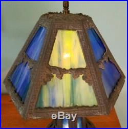 Antique Green Blue Slag Glass Table Lamp Double Light