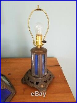 Antique Green Blue Slag Glass Table Lamp Double Light