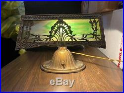 Antique Green Filagree Signed Bradley Hubbard Slag Glass Desk Banker Piano Lamp