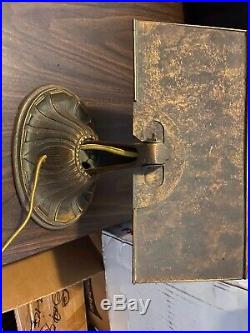 Antique Green Filagree Signed Bradley Hubbard Slag Glass Desk Banker Piano Lamp