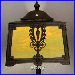Antique Green & Gold/Brown Slag Glass & Metal Table Lamp 16.5 With Brown Cord