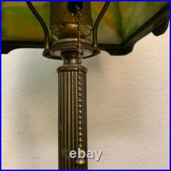 Antique Green & Gold/Brown Slag Glass & Metal Table Lamp 16.5 With Brown Cord Antique Green & Gold/Brown Slag Glass & Metal Table Lamp 16.5 With Brown Cord