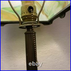 Antique Green & Gold/Brown Slag Glass & Metal Table Lamp 16.5 With Brown Cord