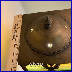 Antique Green & Gold/Brown Slag Glass & Metal Table Lamp 16.5 With Brown Cord