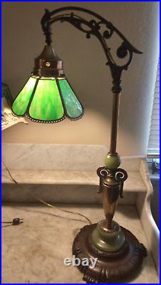 Antique Green Slag Accent Bridge Arm Table Lamp Green Polygon Slag Glass Shade