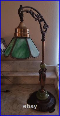 Antique Green Slag Accent Bridge Arm Table Lamp Green Polygon Slag Glass Shade